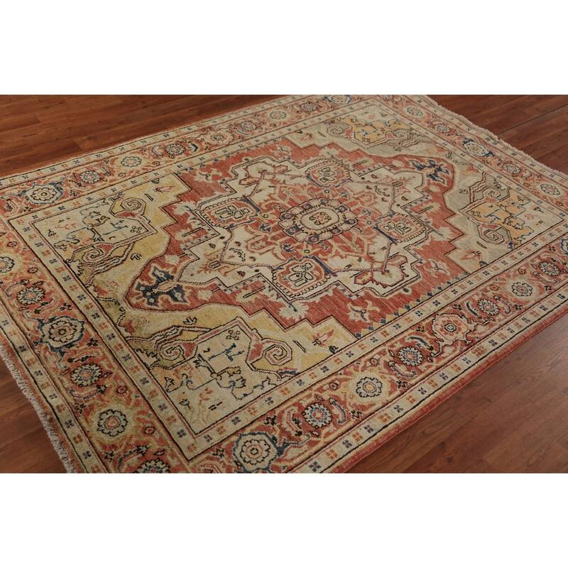 Geometric Heriz Serapi Vegetable Dye Rug Handmade Wool Carpet - 5'0"x 6'10"