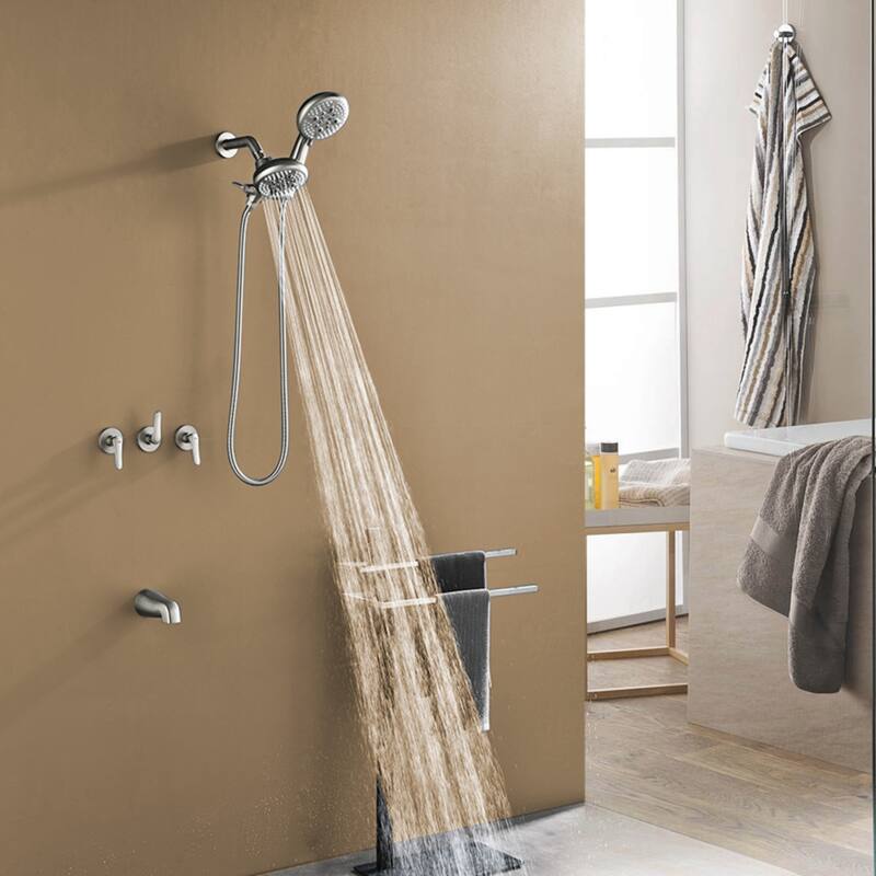 Modland 3-Handle Tub and Shower Faucet Set Dual Head 5-Setting Brass Valve with Alloy Spout - Brushed Nickel