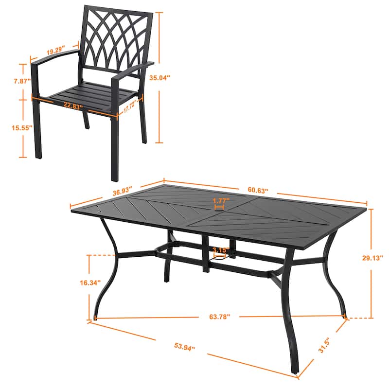Outdoor 7-Piece Iron Dining Set with 1.77'' Umbrella Hole, Black