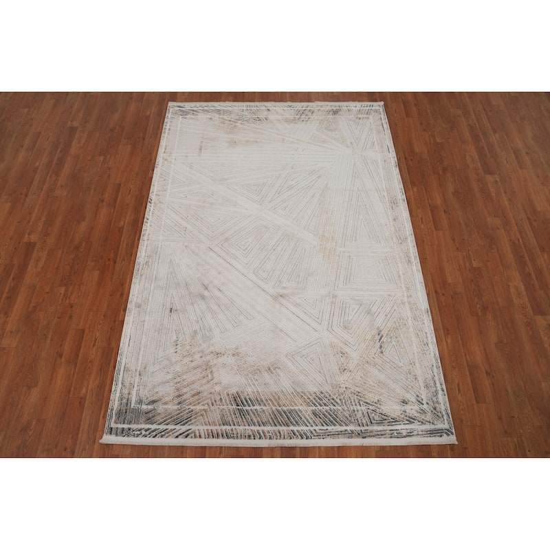 Machine Made Oriental Polyester Carpet Modern Beige & Ivories Distressed Area Rug - 7' 5'' X 5' 2''