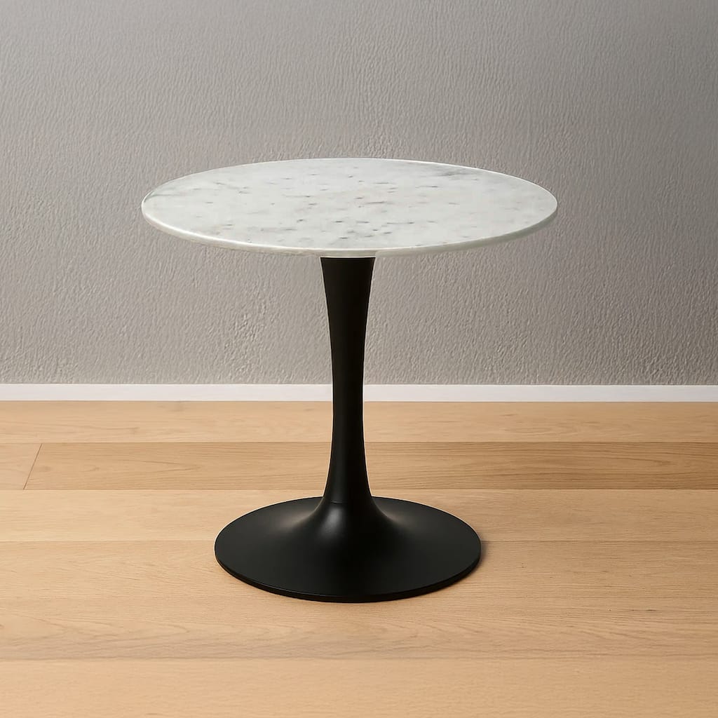 Mara Dining Table, 30 Inch Round White Genuine Marble Top, Black Metal Tulip Padestal Base - White, Black