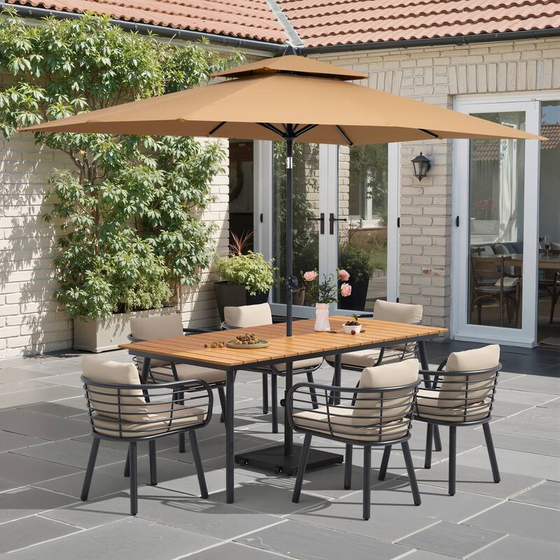 9-Piece Outdoor Patio Dining Set w/10 ft Umbrella and Base Aluminum Dining Table and Chairs with Sunbrella Cushion