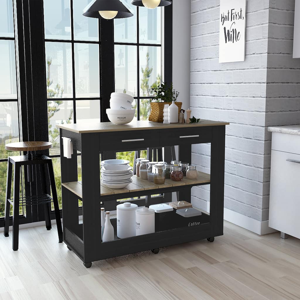 Kitchen Island 36" H, Six Casters, Two Drawers, Two Open Storage Shelves, Towel Hanger