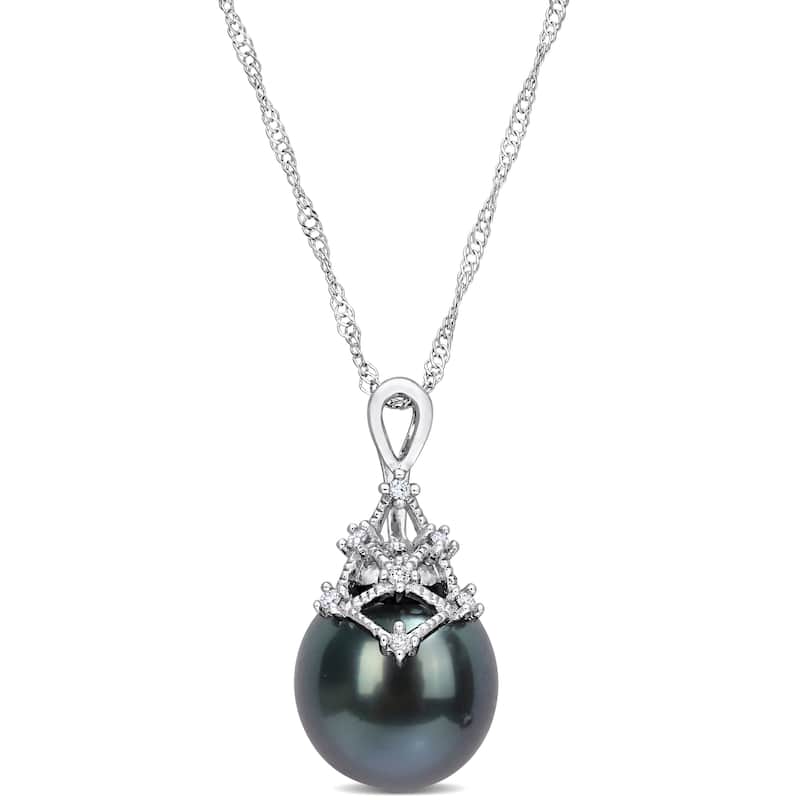 Miadora Black Tahitian Cultured Pearl and Diamond Accent Drop Pendant in 14k White Gold (9-10mm)