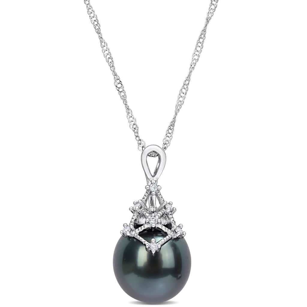 Miadora Black Tahitian Cultured Pearl and Diamond Accent Drop Pendant in 14k White Gold (9-10mm)
