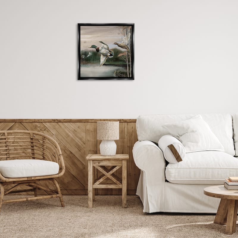 Stupell Flying Ducks in Rustic Nature Framed Floater Canvas Wall Art Design By Ruane Manning