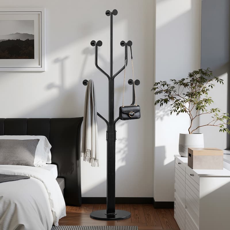 Freestanding Metal Coat Rack with 10 Hooks and Heavy Duty Marble Base - 68.1"H x 18.5"W(top) x 13.2"Dia(base)
