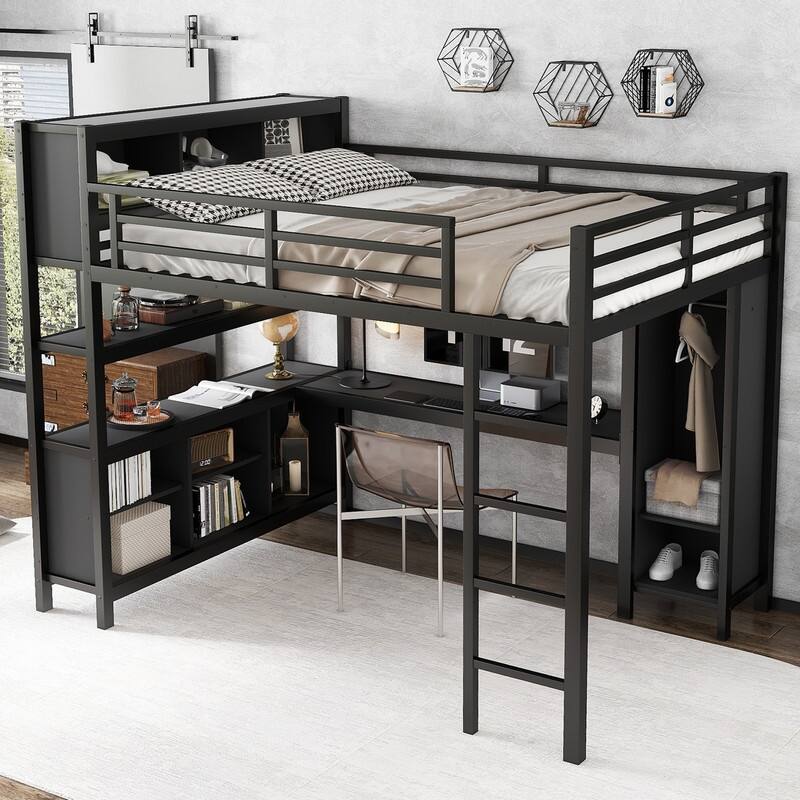 Queen Size Heavy Duty Metal Loft Bed with Wardrobe & L-shaped Desk, Multi-functional Storage Bed Frame with Cubes & Shelves