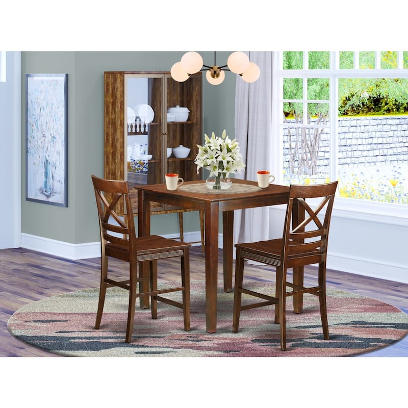 Counter Height Table Set - 3 Piece Dining Set with Stools - Mahogany Finish - Kitchen Island Table