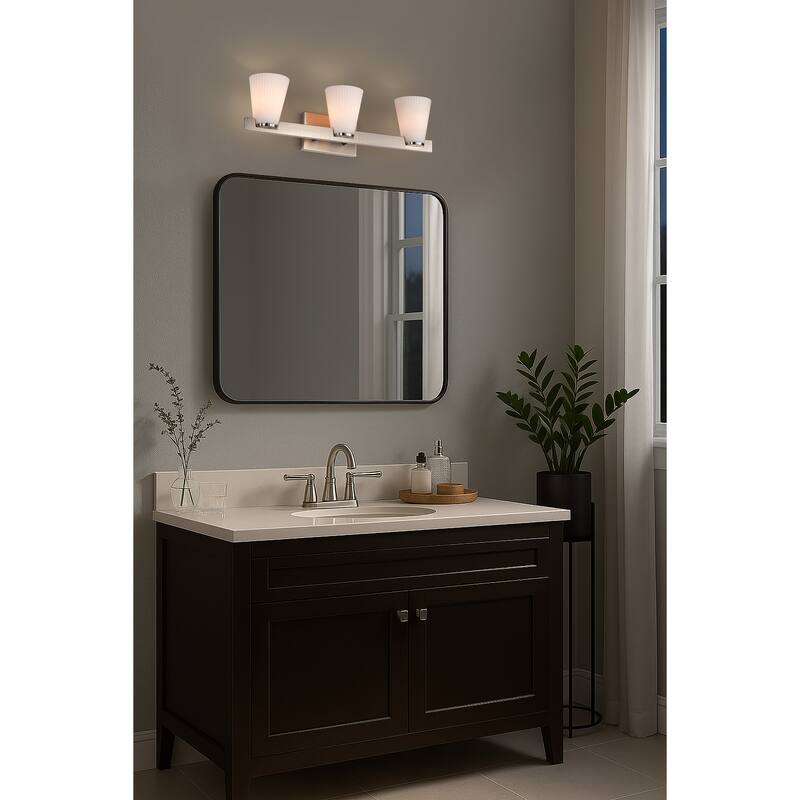Royale 3 Light Vanity Brushed Nickel Finish Ribbed White Glass - Brushed Nickel