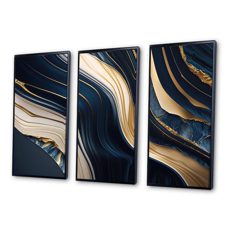 Designart "Abstract Geode Waves Blue And Gold II" Modern Waves Framed Canvas Art Print - 3 Panels