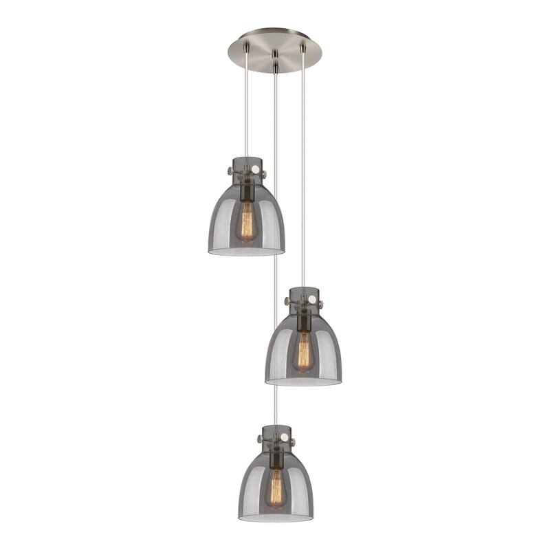 Innovations Lighting Newton Bell - 3 Light 8" Cord Hung Multi Pendant - 10" Canopy - Brushed Satin Nickel/Light Smoke