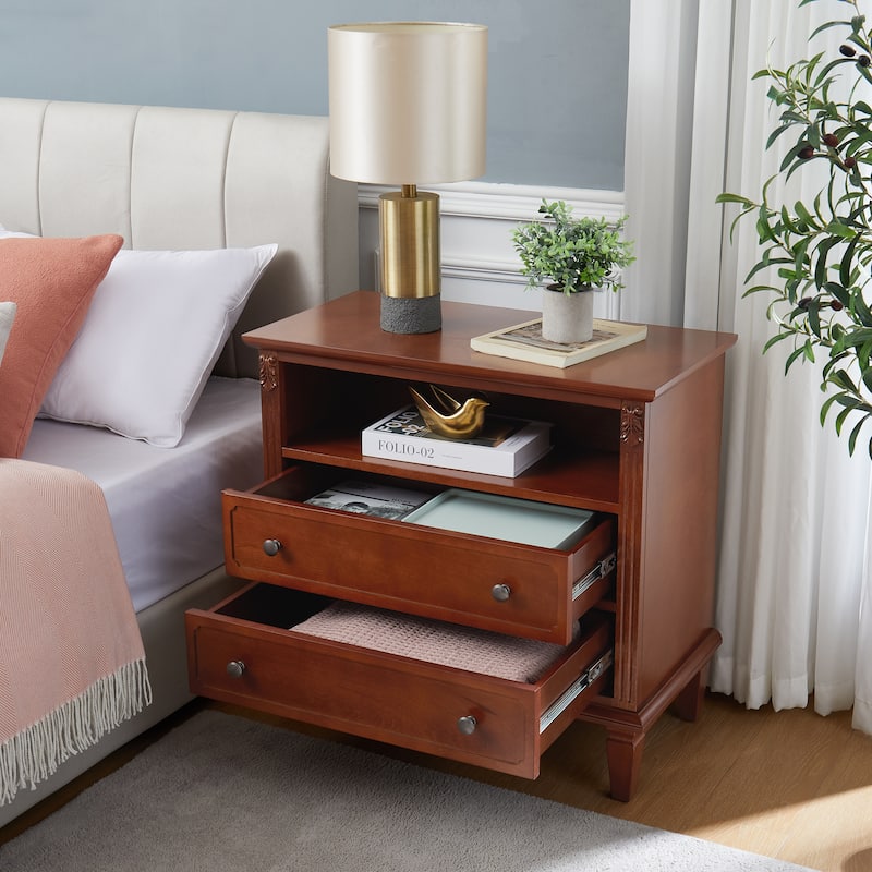 2 Drawers Dresser Nightstand with Charging Station, End Table Walnut Side Table Storage Cabinet with Wood Legs