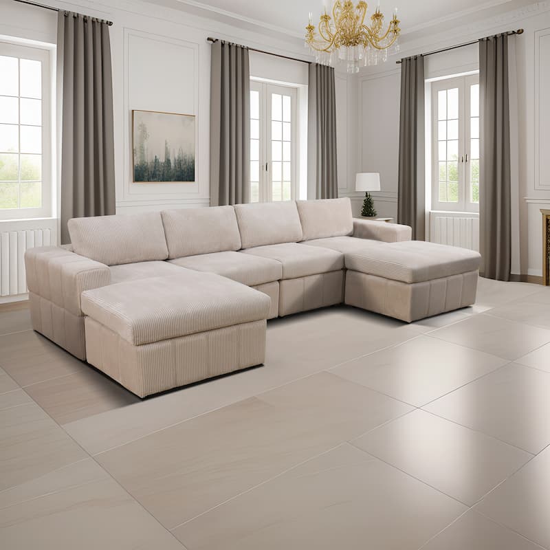 132'' U-Shaped Corduroy Sectional Sofa Couch with Ottomans for Living Room - Beige