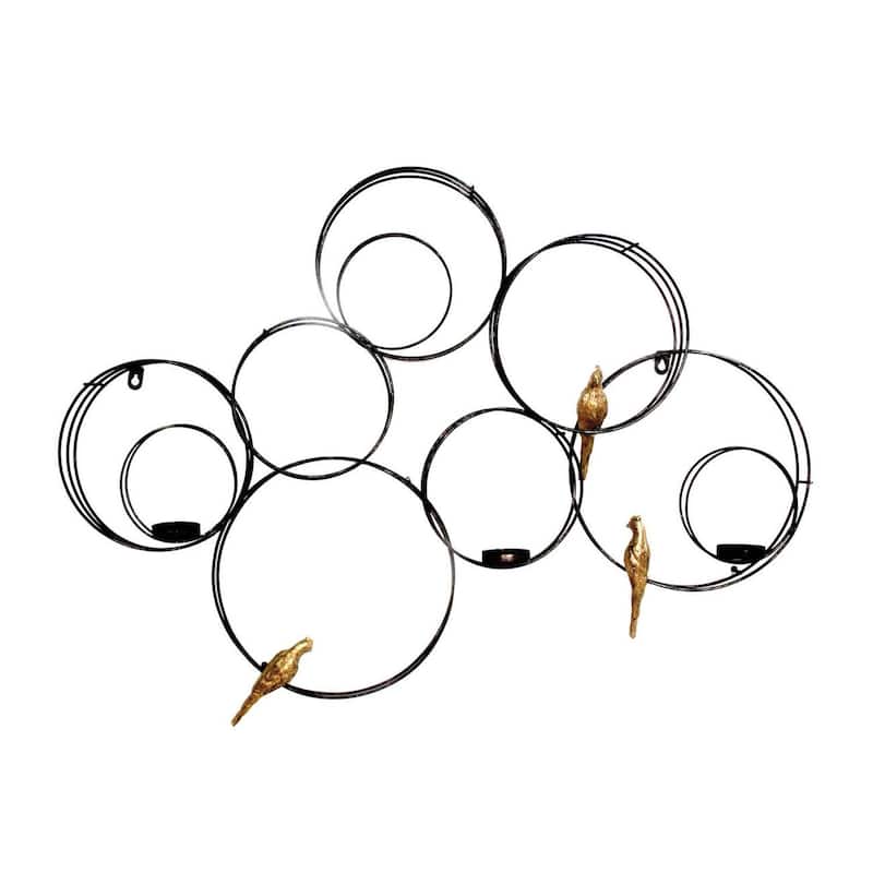 HomeRoots 32" Black And Gold Metal Circles And Birds Hanging Sculpture With Votive Holders