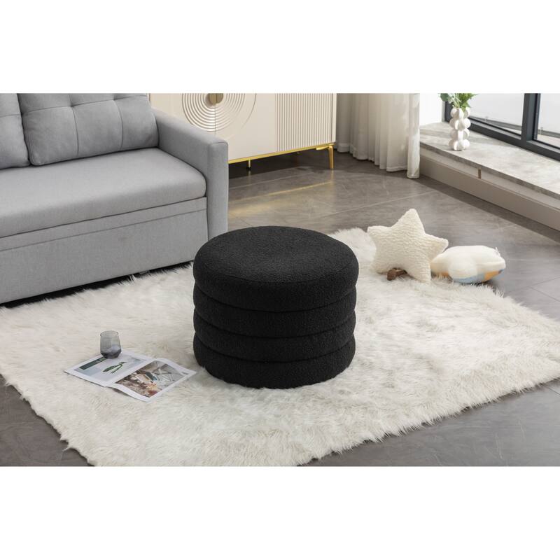 007-Boucle Fabric Storage Round Ottoman Footstool With Wooden Shelving