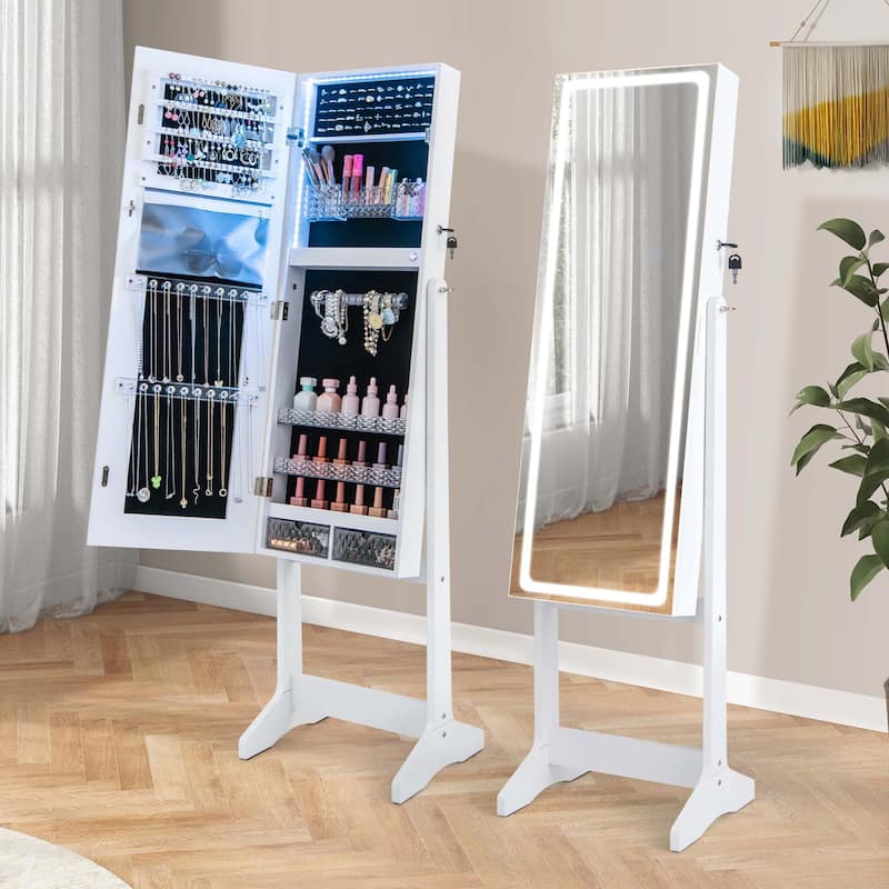 Costway LED Mirror Jewelry Cabinet Organizer Armoire Standing with - See Details - White