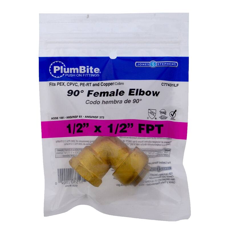 Jones Stephens 1/2" FPT PlumBite Push On 90� Elbow Adapter, Bag of 1