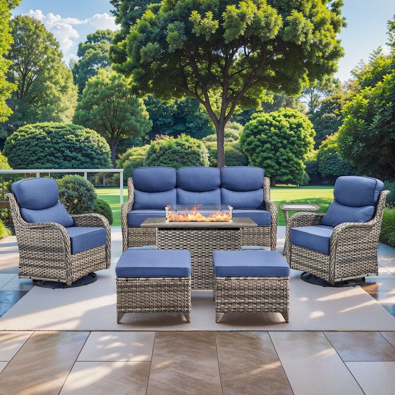 Pocassy 7 Pieces Outdoor 6 Inch Sofa Swivel Chair Ottoman with Fire Table - Blue cushion - Gray Wicker
