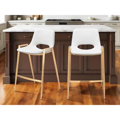 Set of Two 26" White And Gold Faux Leather And Steel Low Back Counter Height Bar Chairs