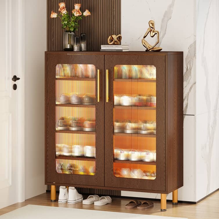 5-Tier Wood Shoe Rack with Acrylic Doors and LED Light for Entryway