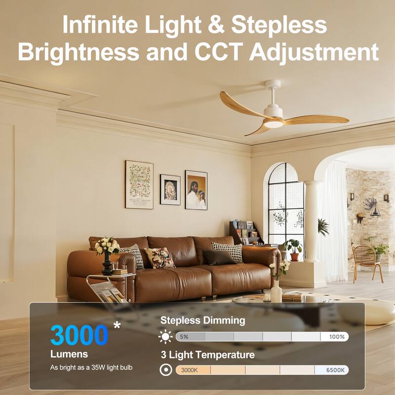52" Ceiling Fan With Light Kit Dimmable LED,Wood Blades,Remote Control for Patio Living Room, Bedroom, Office,Indoor - 52 Inches