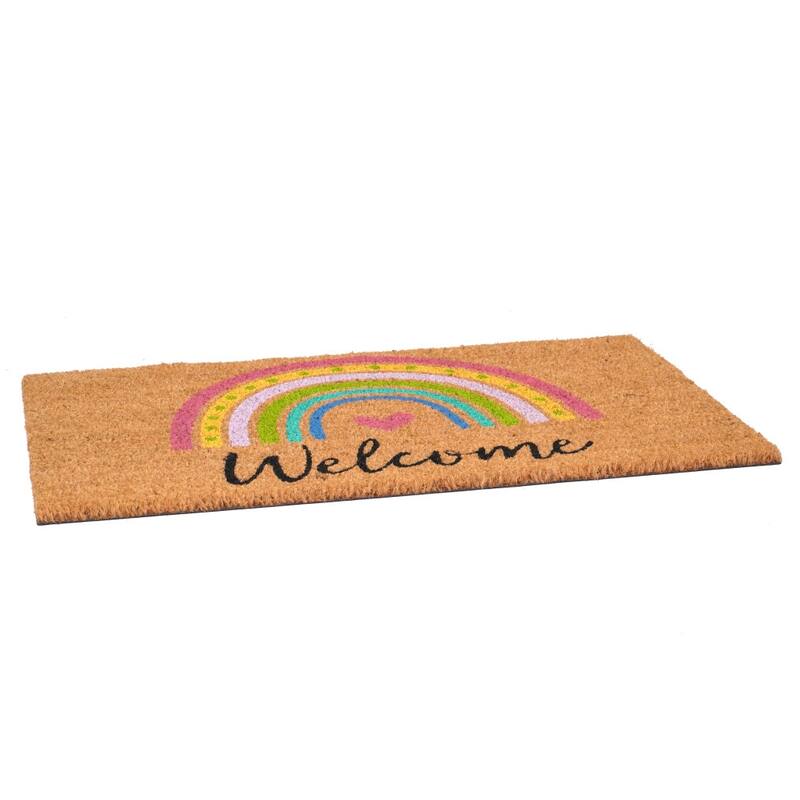 HomeRoots 17" X 29" Brown And Pink Rainbow Welcome Outdoor Coir Door Mat - 17.00' X '29.00