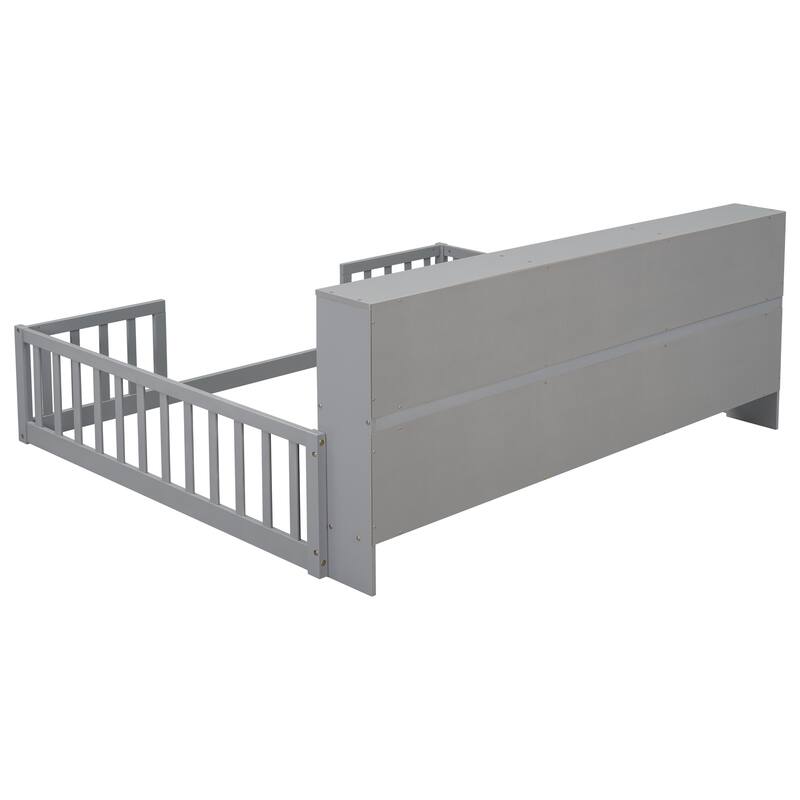 Roomfitters Twin/Full Floor Bed with Side Bookcase & Shelves, Guardrail Platform Bed, Space-Saving Low Profile Bed