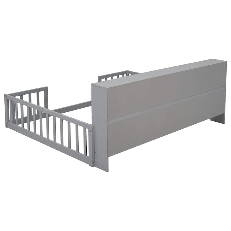 Toddler Floor Storage Bed with Bedside Bookcase, Shelves, Fence Guardrails, No Door, No Slats for Boys Girls Children's Room
