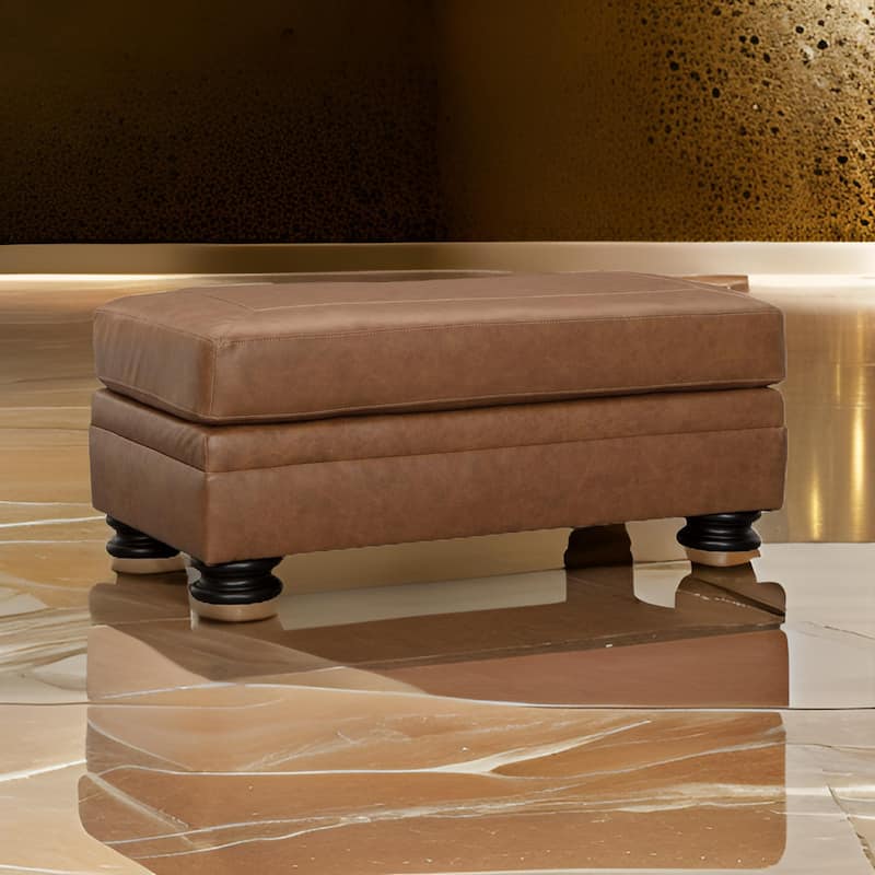 Aida 44 Inch Ottoman, Plush Cushion Top, Caramel Brown Genuine Leather