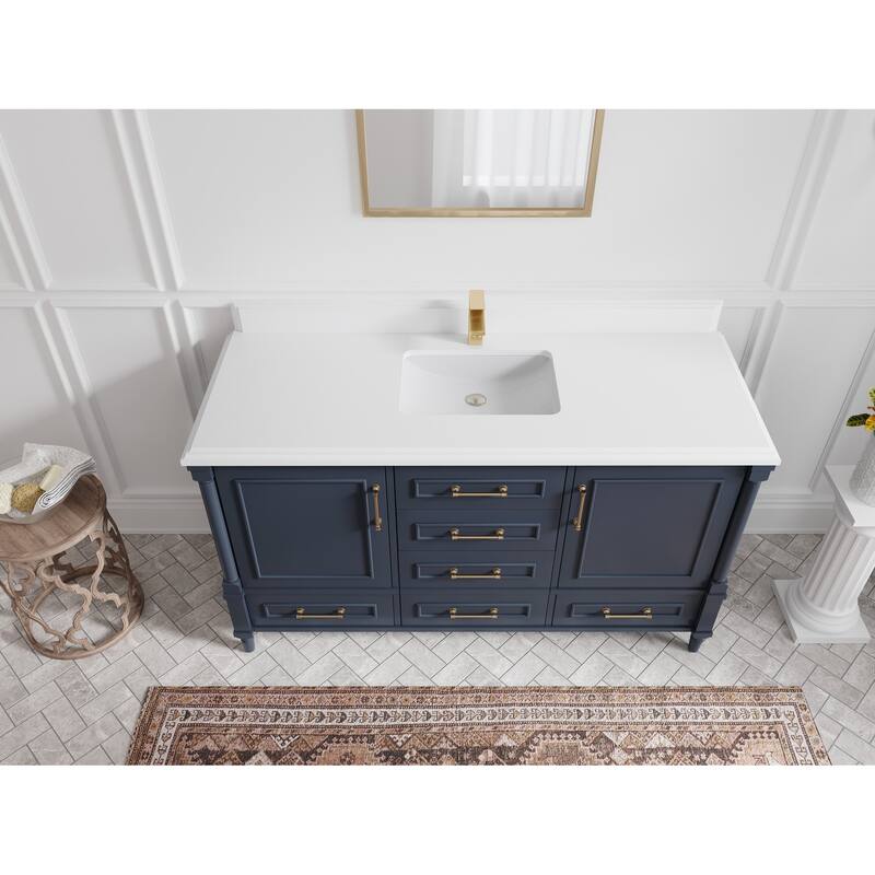 Willow Collections 60 in. W x 22 in. D Aberdeen Single Bowl Sink Bathroom Vanity with Countertop - 1.5" White Quartz - Hale Navy Blue