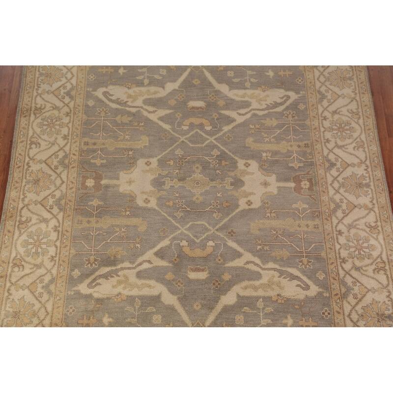 Gray Transitional Oushak Area Rug Hand-Knotted Floral Wool Carpet - 7'11"x 9'9"