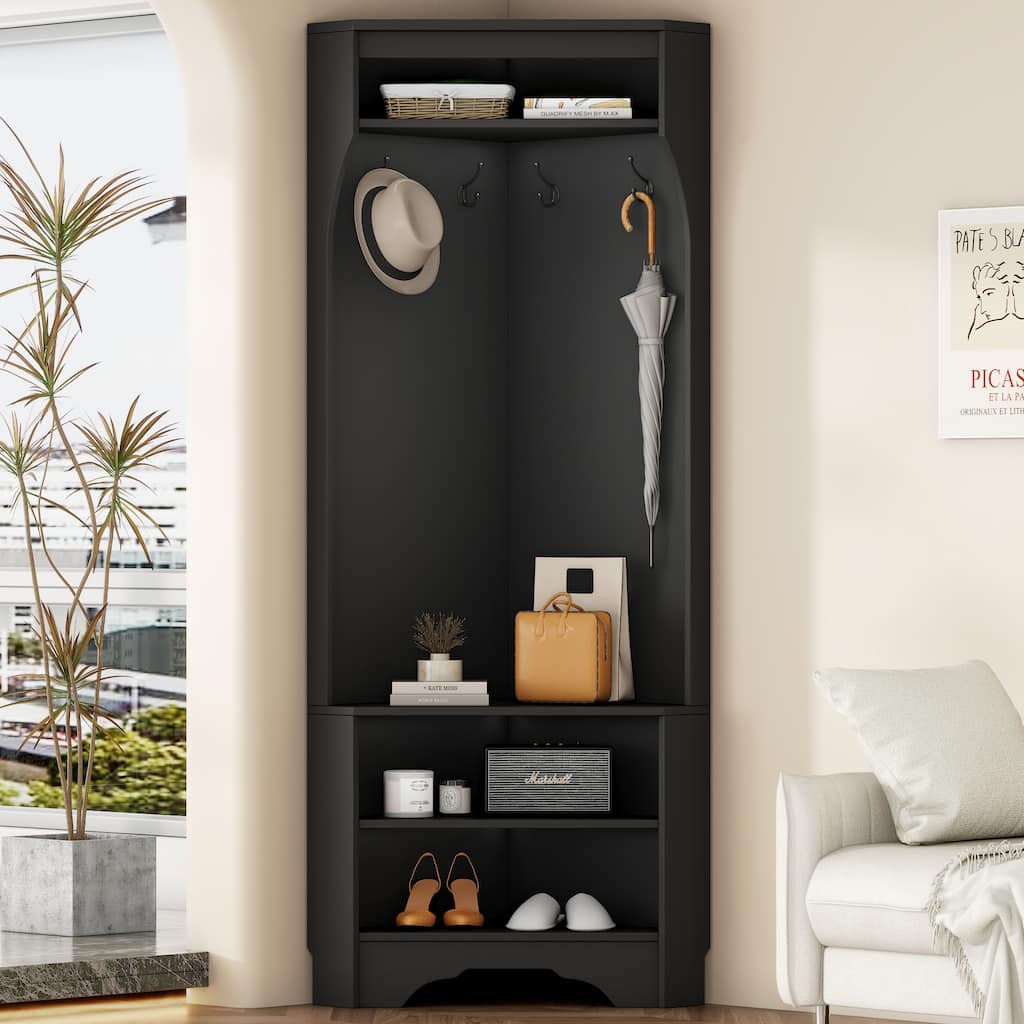 Roomfitters Modern Space-Saving Corner Hall Tree with Shoe Storage Bench, Coat Hooks and Shelves for Entryway Mudroom