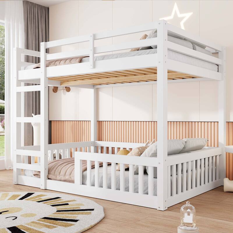 Full over Full Wood Bunk Bed with Ladder and Guardrails, No Box Spring Required - White