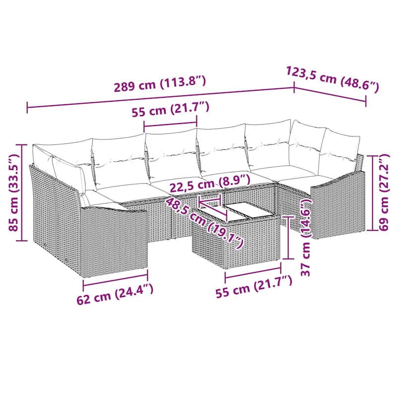 vidaXL 8 Piece Garden Sofa Set with Cushions - 113.8×48.6×27.2