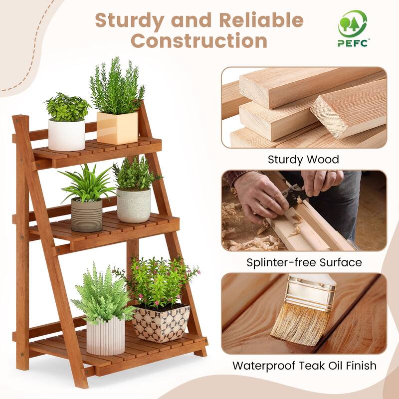Gymax 3-Tier Wood Plant Stand Folding Flower Rack w/Ladder Design