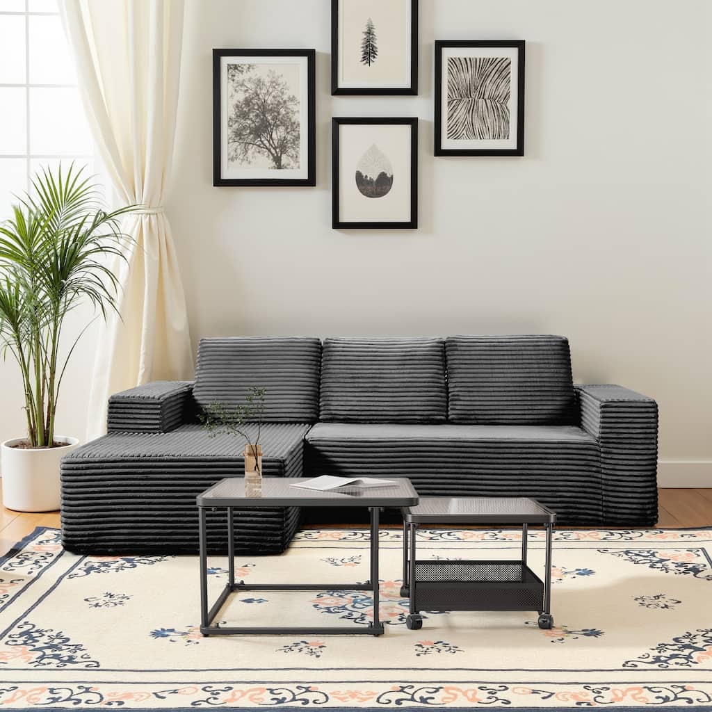 Meyreso No Assembly Required Long Plush L-Shaped Sectional Sofa with Square Nesting Coffee Tables