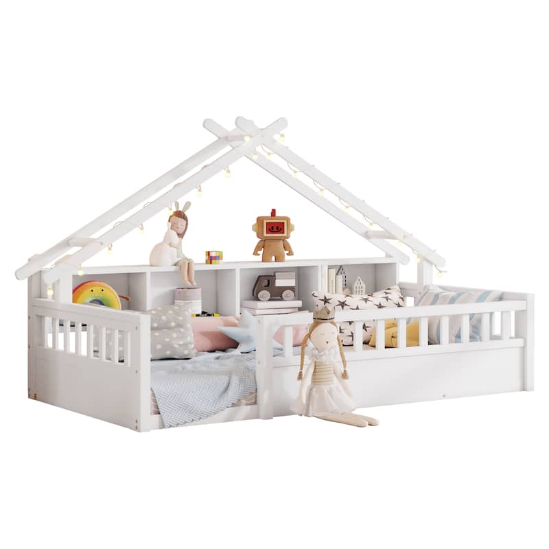 Floor Bed House Bed Frame with Storage Shelf Safety Guardrails