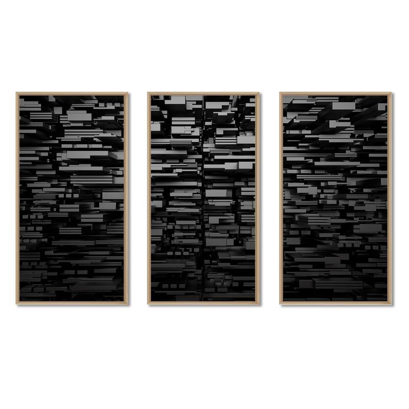 Designart "Black 3D Geometric Background" Abstract Framed Artwork Set of 3 - 4 Colors of Frames