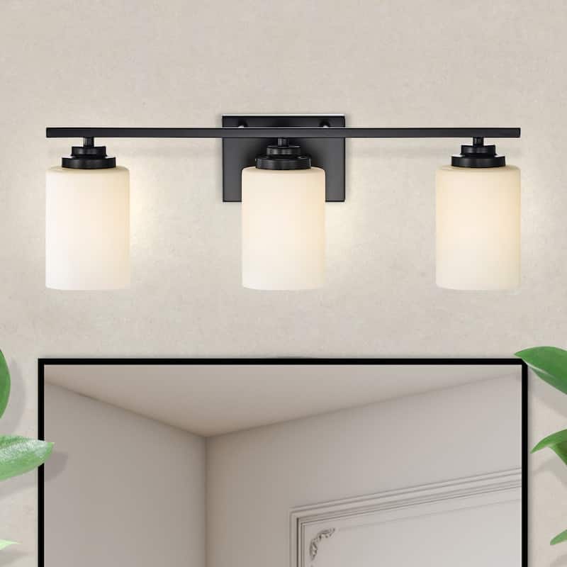 Matte Black 3-Light Vanity with Etched White Glass Shades