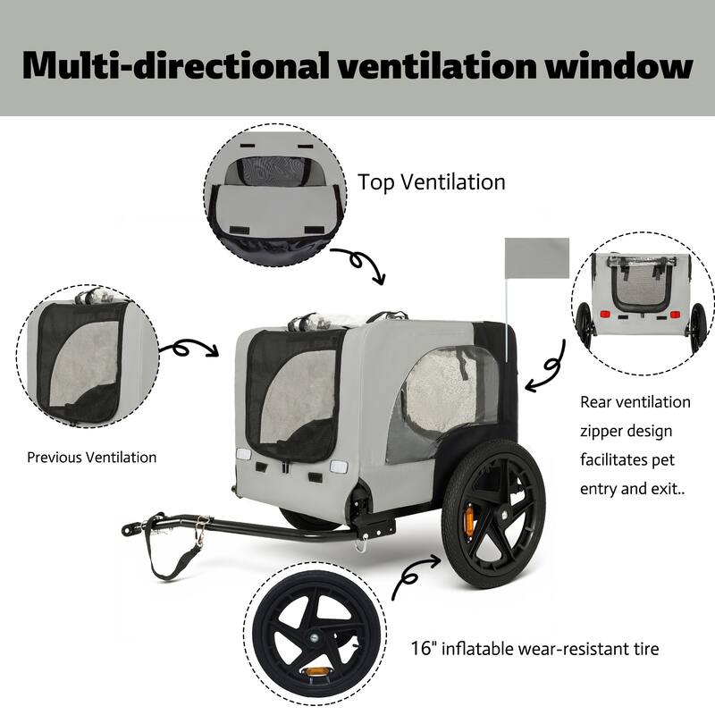 Outdoor Heavy Duty Collapsible Pet Bike Trailer with 16-Inch All-Terrain Wheels & Universal Hitch, Foldable Dog Carrier Cart
