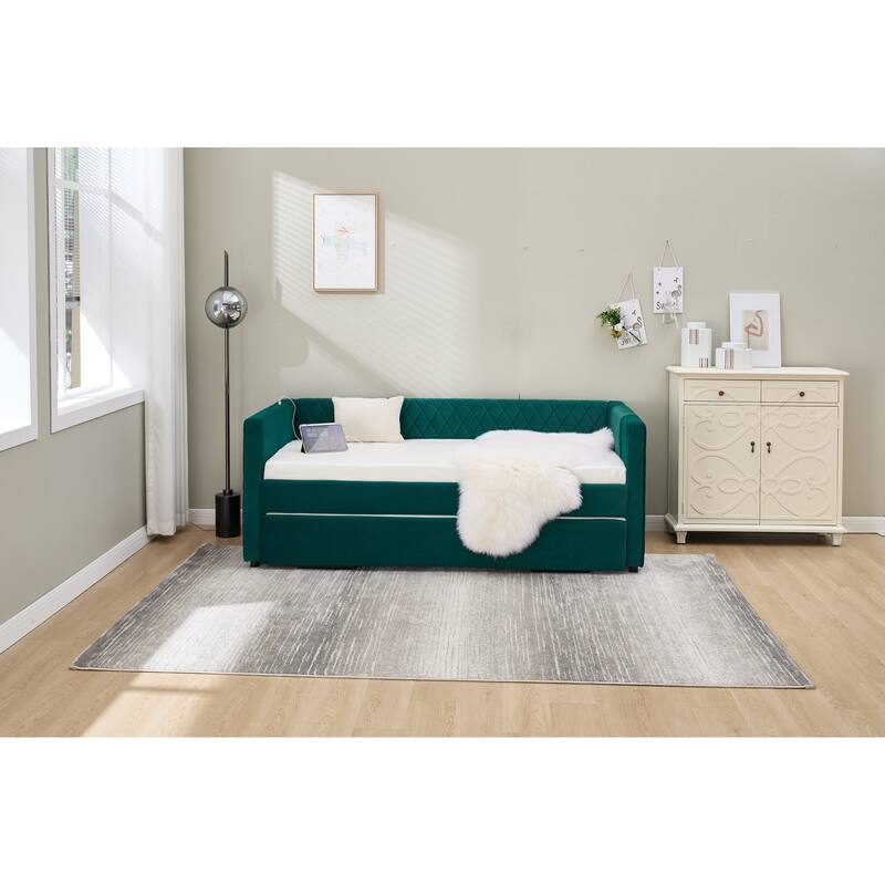 Twin Size Upholstered Daybed with Trundle, Velvet Sofa Bed with USB Port & Side Pockets, Modern V-Grained Backrest Guest Bed