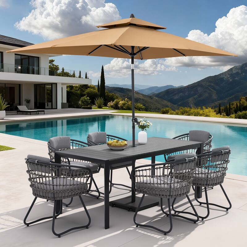 9-Piece Outdoor Patio Dining Set Wood Like Aluminum Umbrella Hole Table with Rattan Chairs, Market Umbrella and Wheel Base