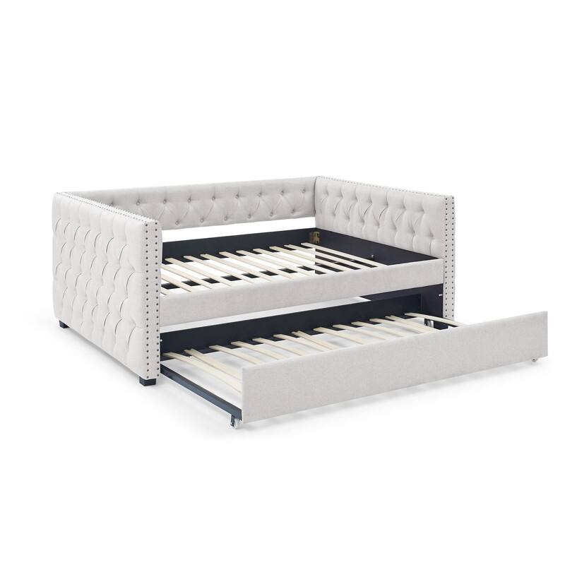 Daybed with Trundle Upholstered Tufted Sofa Bed with Button and Copper Nail on Square Arms