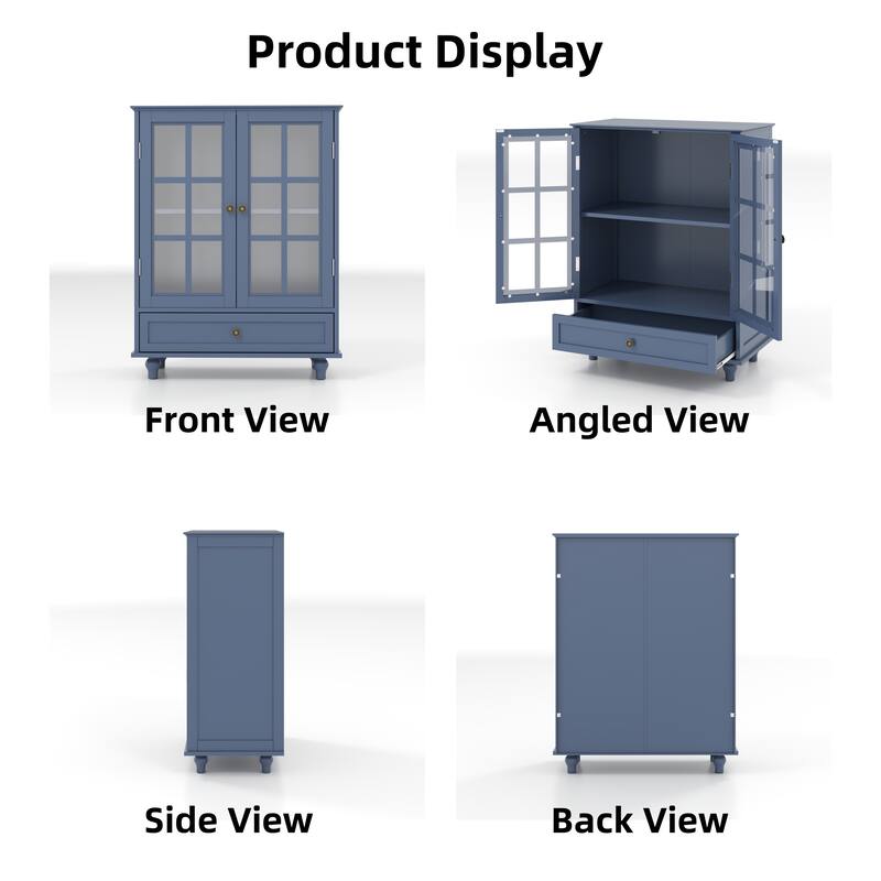 Accent Cabinet with Glass Doors and Drawers, Wooden Buffet and Sideboard Cupboard with Storage