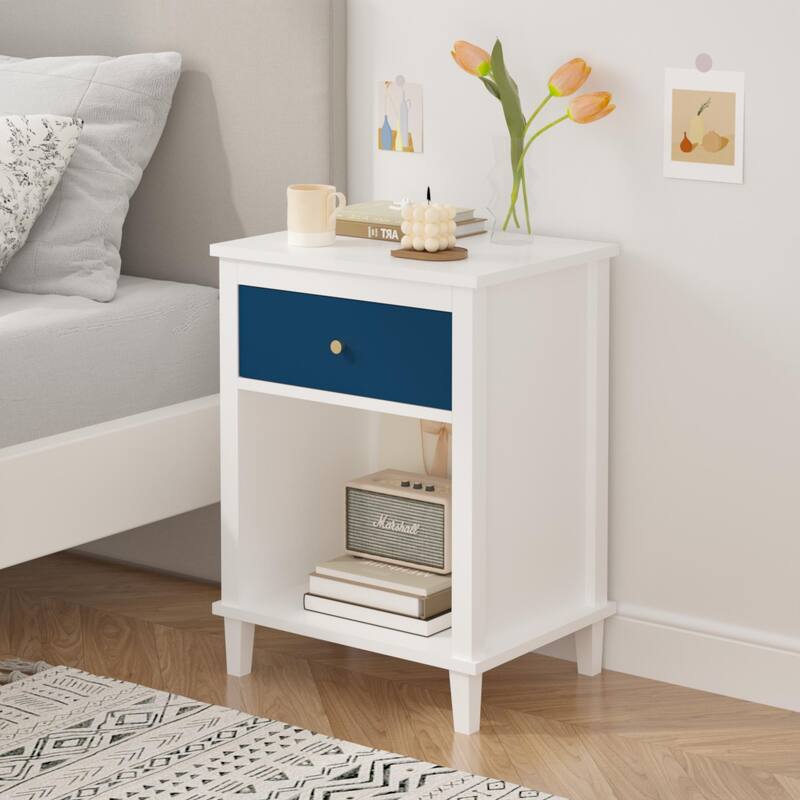 Anmytek White Nightstand with Drawer and Shelf Farmhouse Modern Bedside Table