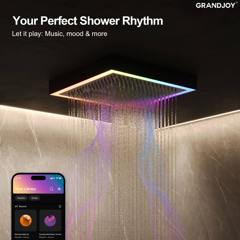 GRANDJOY Thermostatic LED Rain and Waterfall Shower System with Handheld, Built-In Music Function