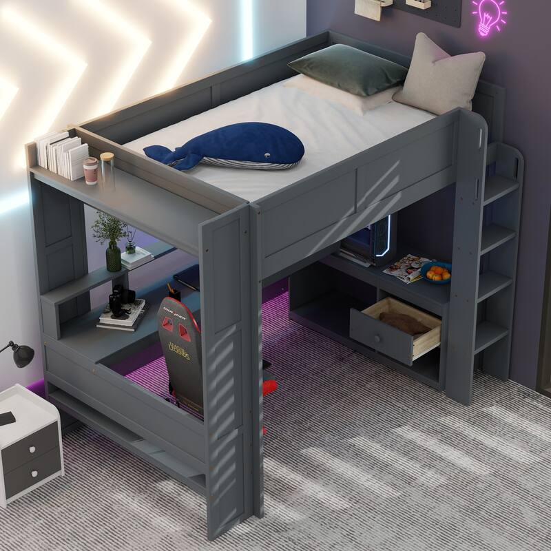 Dark Gray Frame Gaming Loft Bed Wood Bed wDesk, LED, Charging Station