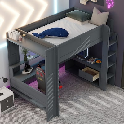 Full Size Loft Bed w/Desk,Multi-storage Shelves,LED,Charging Station