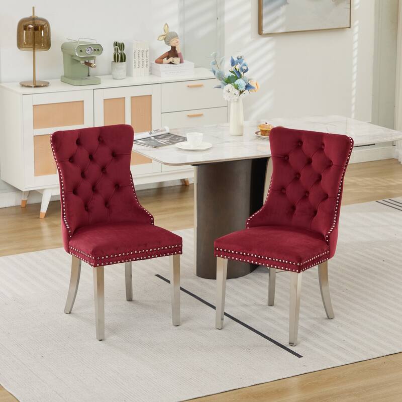 Velvet Dining Chairs Set of 2, Button Tufted Upholstered Dining Chair, Kitchen Chairs with Nailhead Trim & Stainless Steel Legs